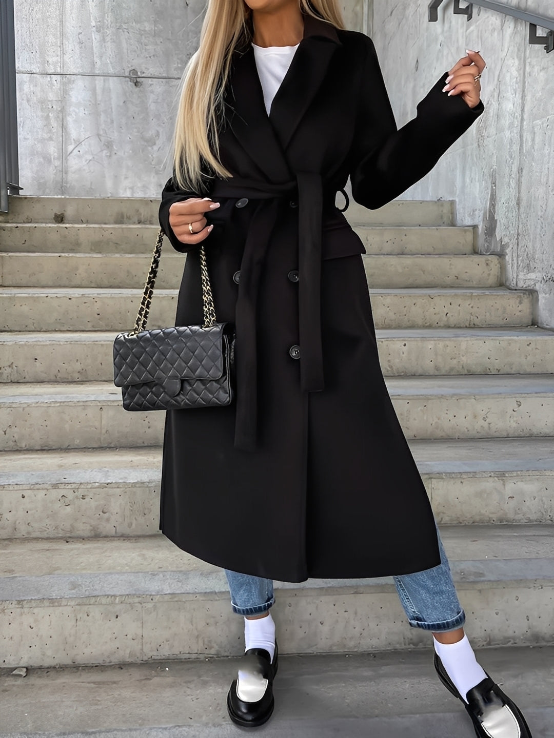 Suzanne - Klassisk dobbeltbrystet frakke med bælte til damer