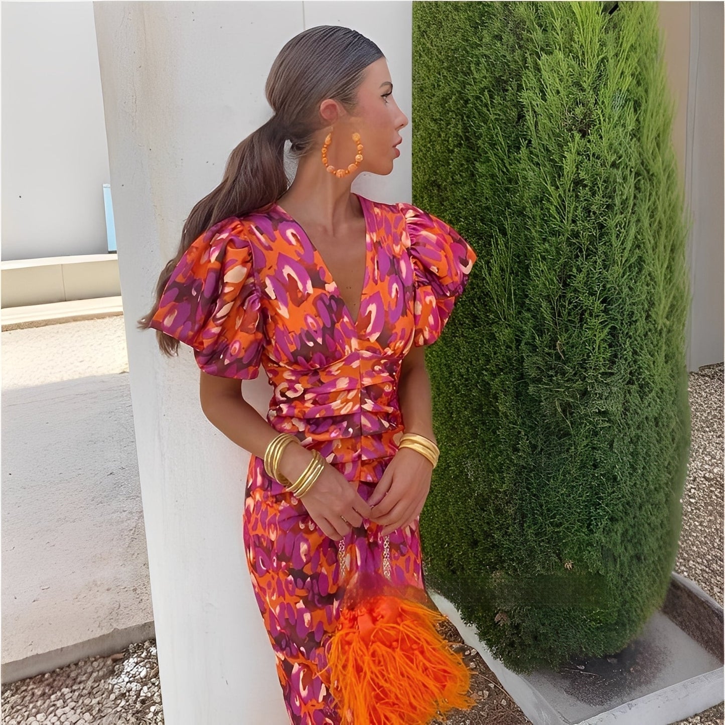 Gaëlle - Farverig kjole med plisserede ærmer til kvinder