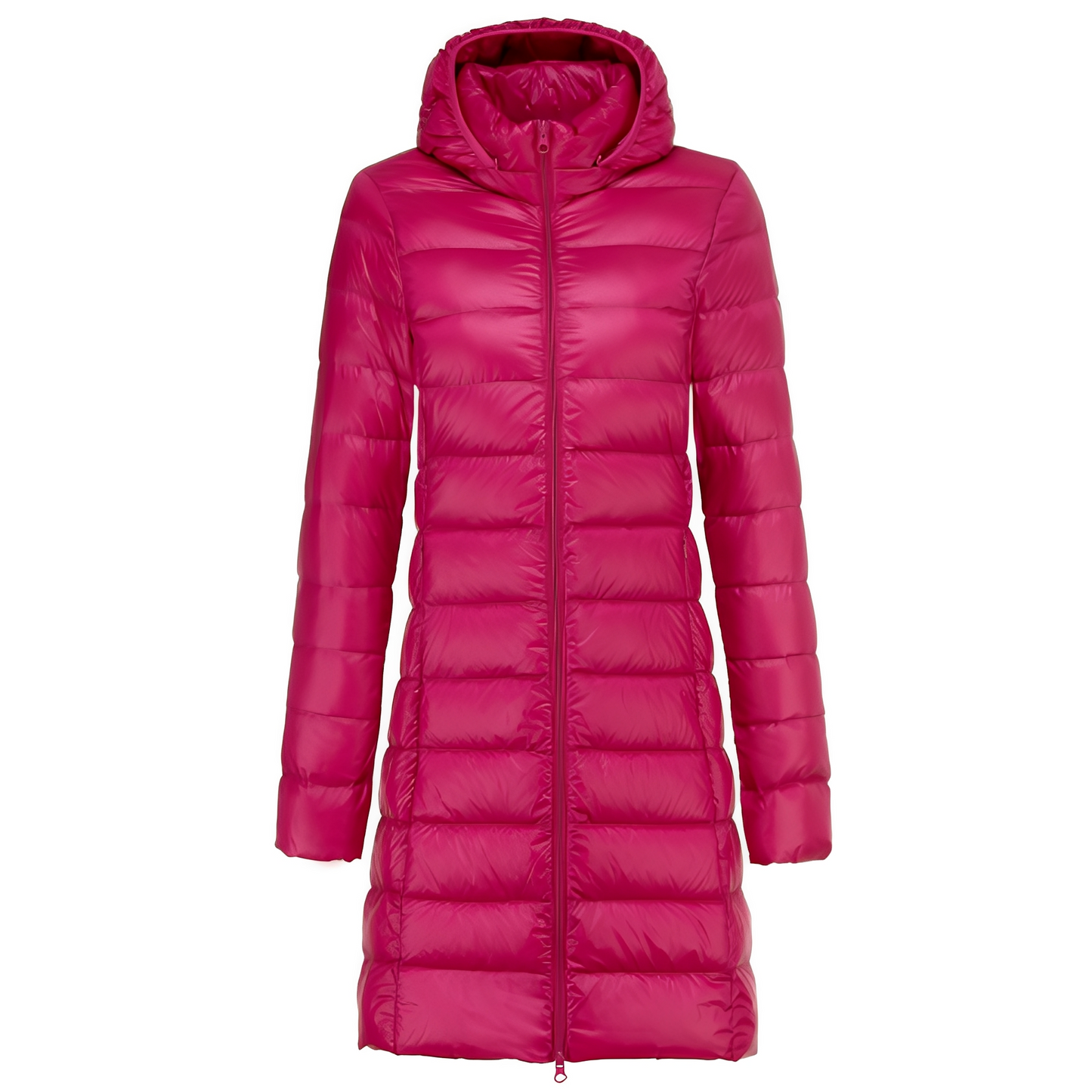 Charlotte - Stilfuld lang dunjakke med hætte til damer