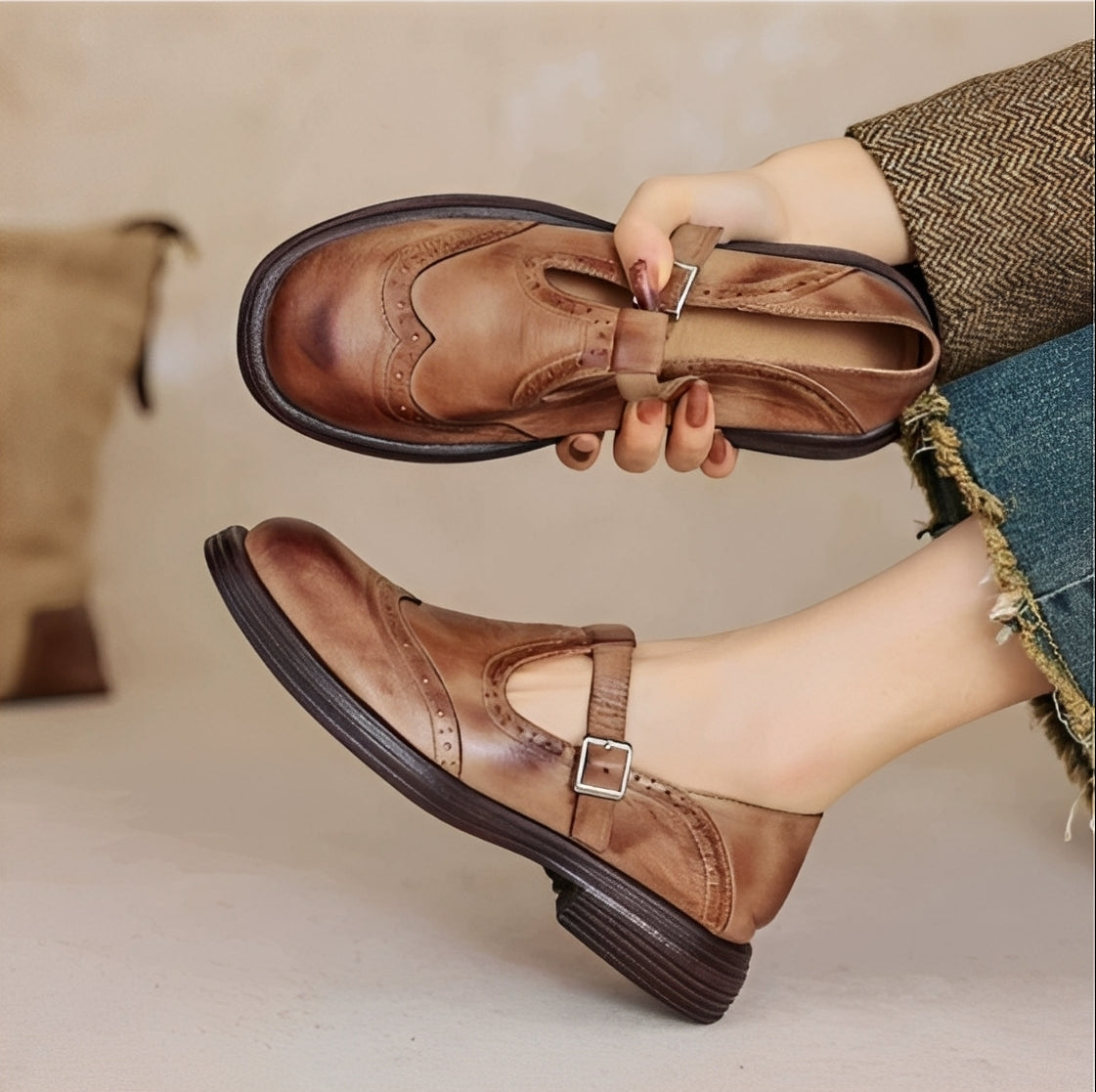 Erika - Retro-sko af tykt læder til damer