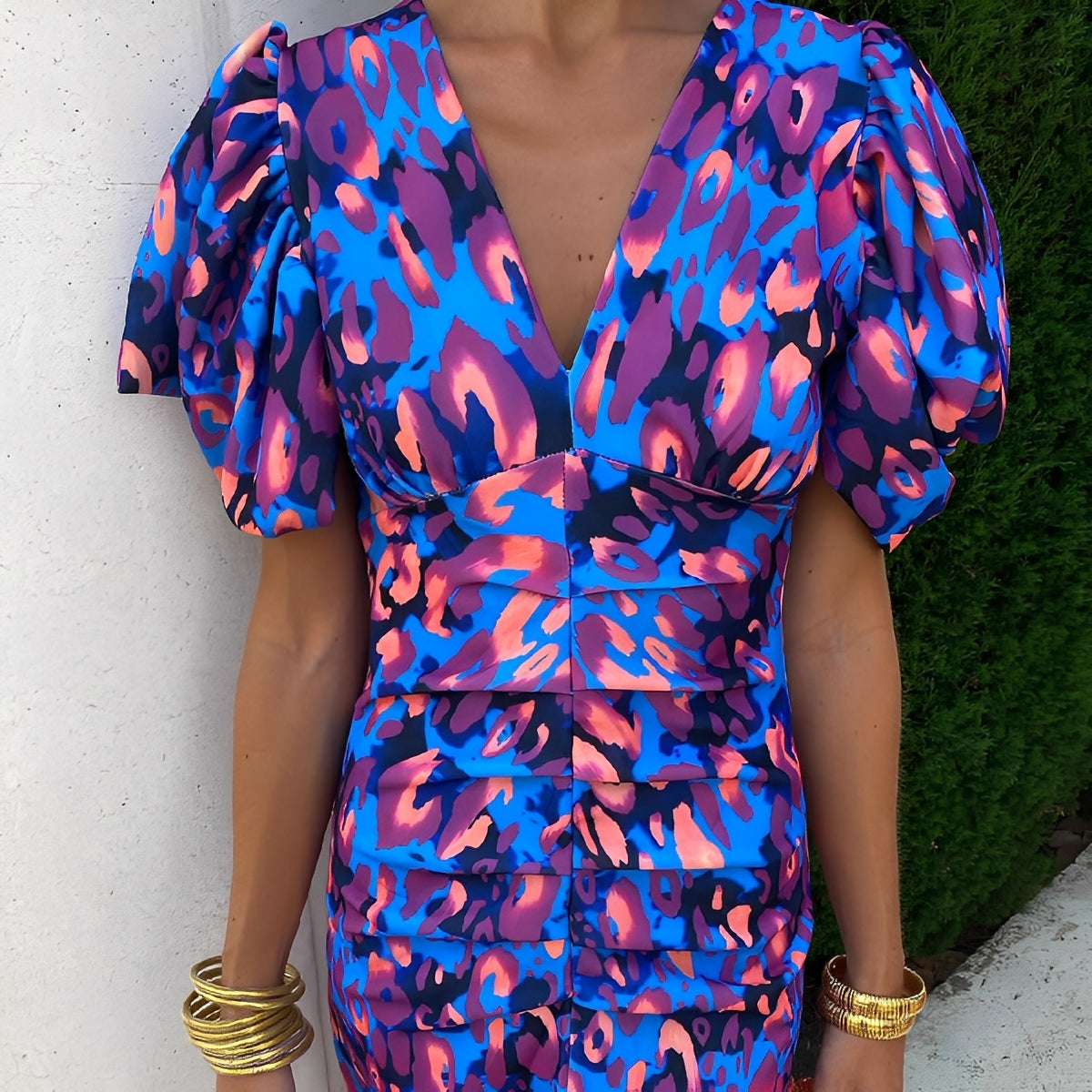 Gaëlle - Farverig kjole med plisserede ærmer til kvinder