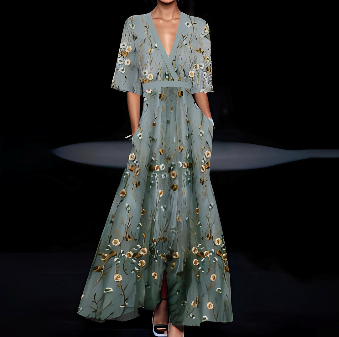 Débora - Lang elegant kjole med blomstermotiv til kvinder