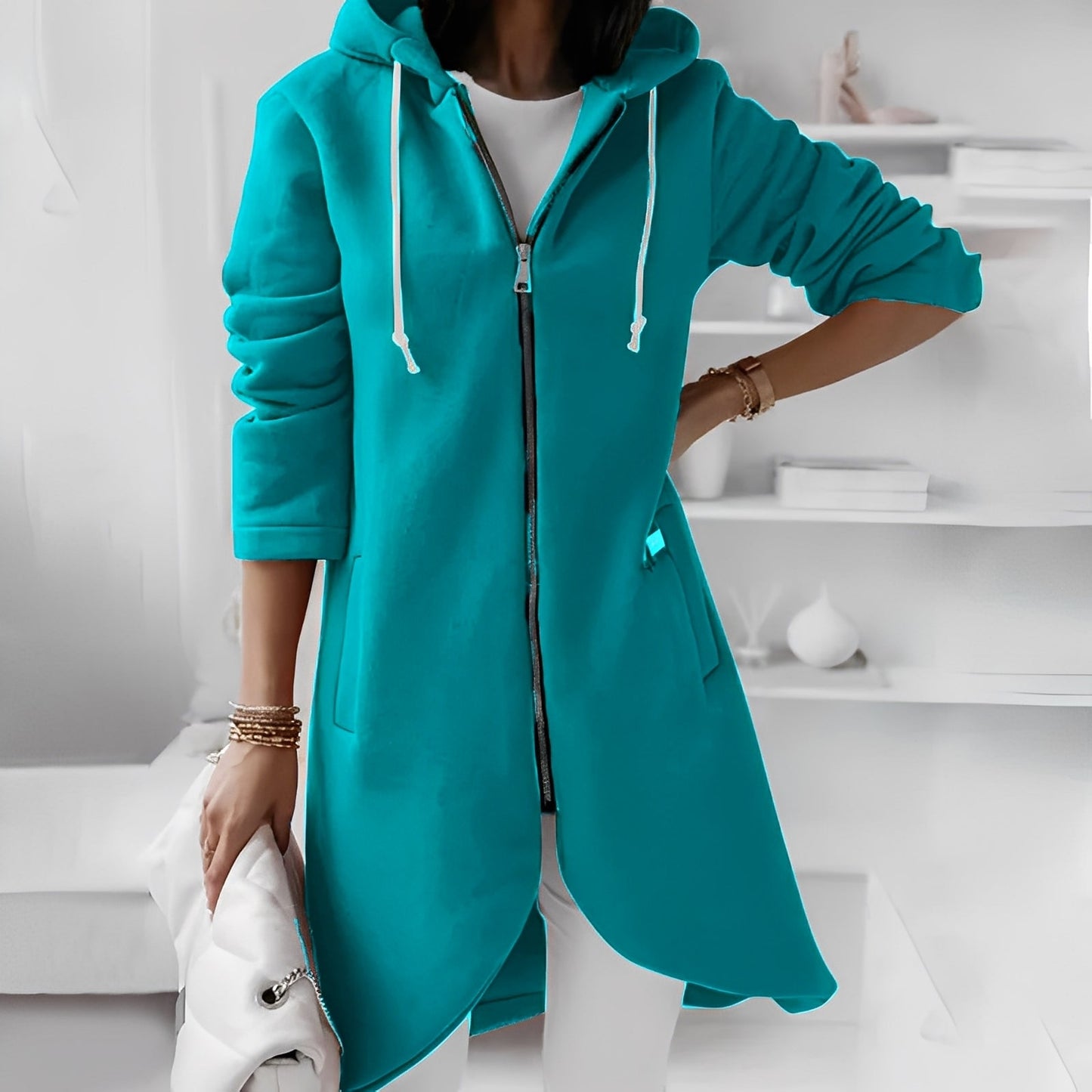 Josepha - Løs lang hættejakke til damer