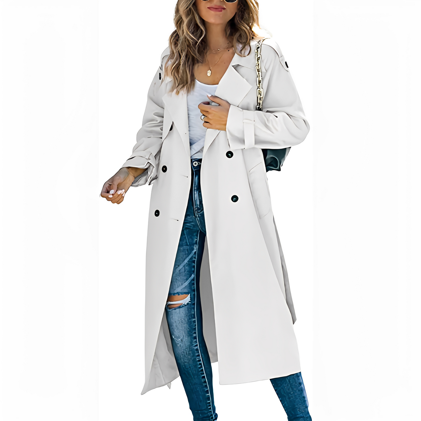 Jodie - Stilfuld lang dobbelt-breasted trenchcoat til damer