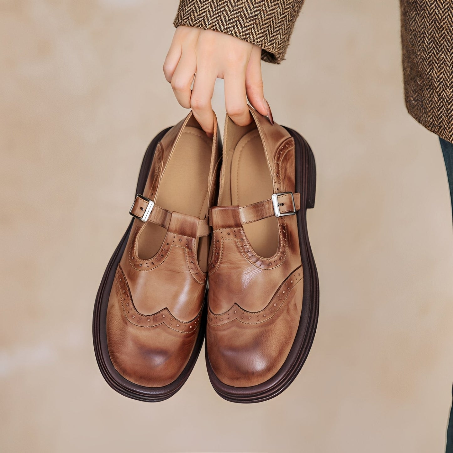 Erika - Retro-sko af tykt læder til damer