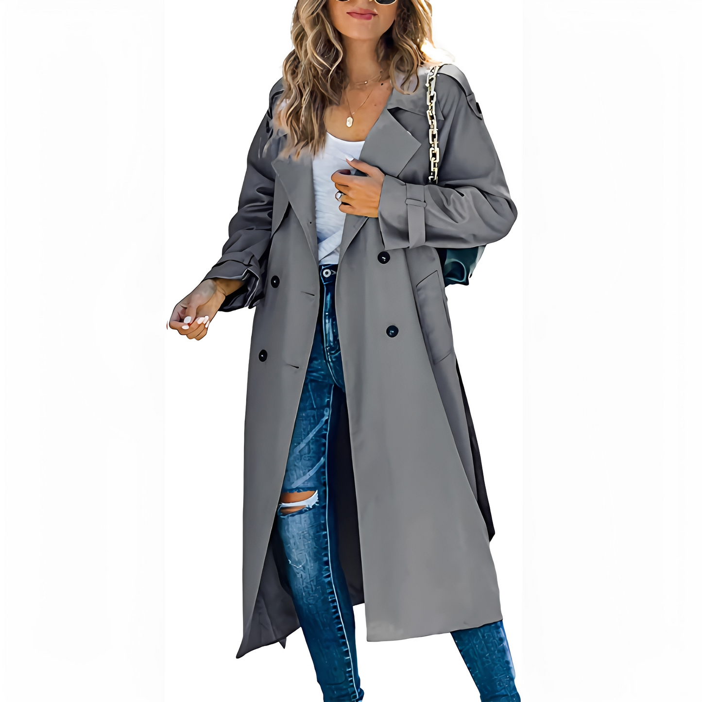 Jodie - Stilfuld lang dobbelt-breasted trenchcoat til damer