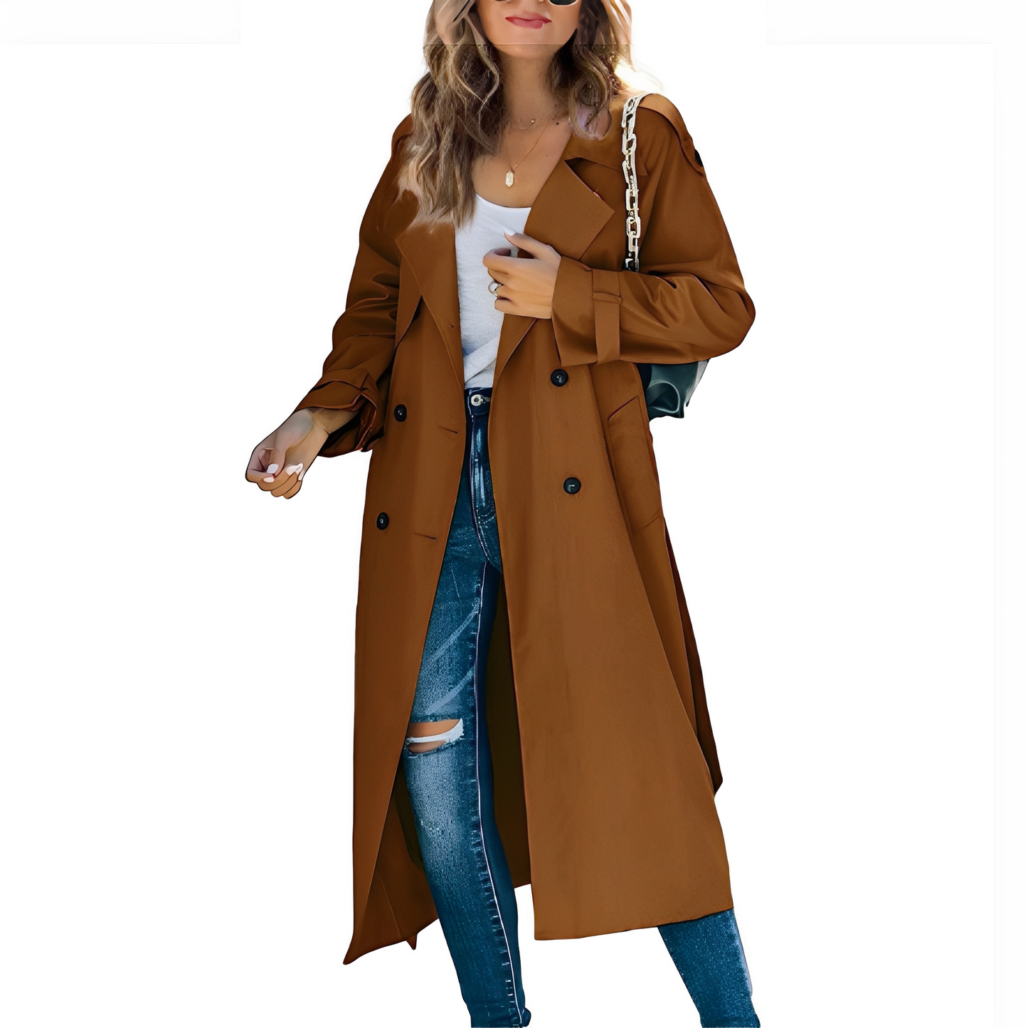 Jodie - Stilfuld lang dobbelt-breasted trenchcoat til damer
