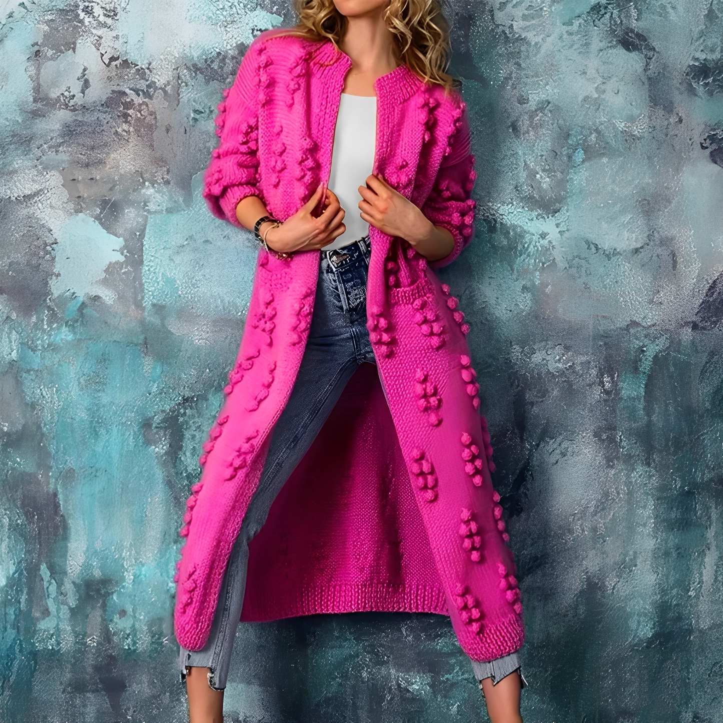 Nancy - Stilfuld lang strikjakke med kvaster til damer