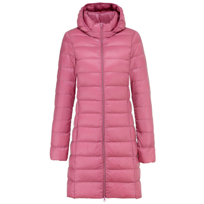 Charlotte - Stilfuld lang dunjakke med hætte til damer