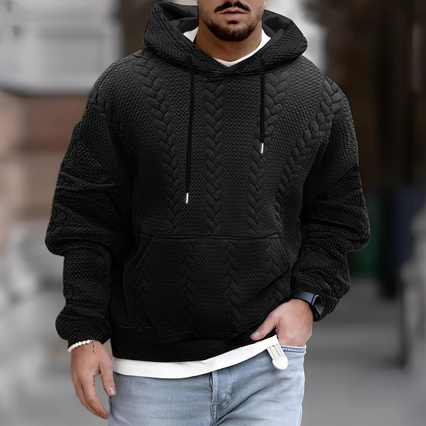 Wallis - Stilfuld, løst strikket hættetrøje til herrer